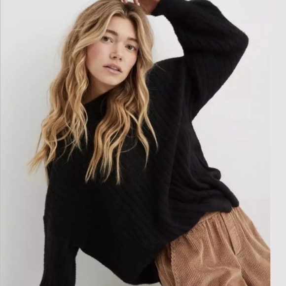 Aerie Buttercream Black Ribbed Crewneck Sweater - Picture 9 of 9